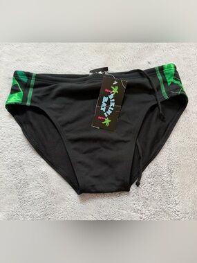 Bikini Bay Men's Size 32 Black Swim Brief Green Accents Brand New Tags